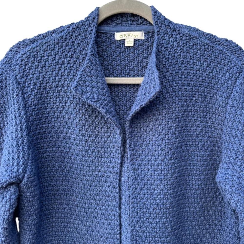 Orvis Women’s S 100% Cotton Blue Knit Textured Open Cardigan Sweater w/Pockets